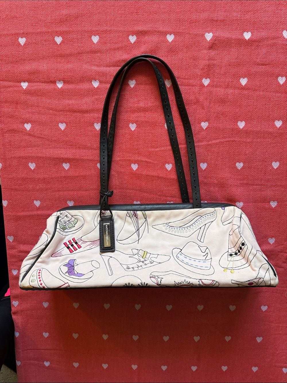 ANTONIO MELANI Beige Printed Shoe-Pattern Shoulder Bag with Black Trim